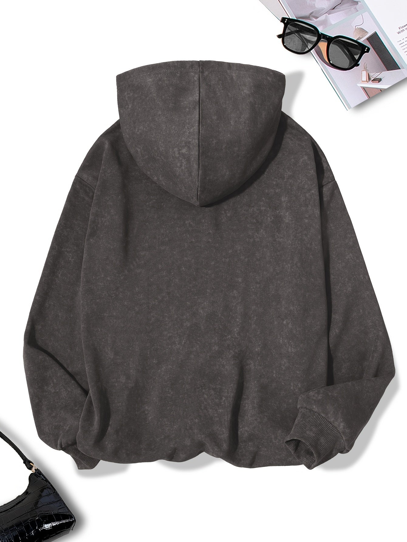Women's Casual Polyester Hoodie with Geometric Applique - 100% Polyester Knit Fabric, Vintage Washed Fall/Winter Hooded Sweatshirt with Fashion Print