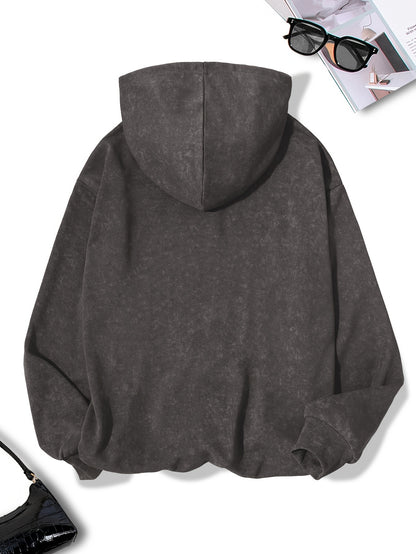 Women's Casual Polyester Hoodie with Geometric Applique - 100% Polyester Knit Fabric, Vintage Washed Fall/Winter Hooded Sweatshirt with Fashion Print