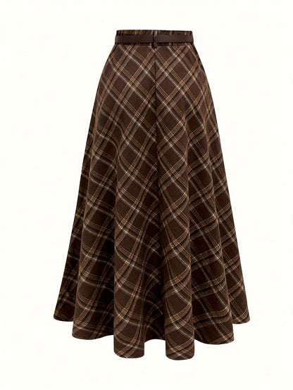 Elegant Brown & White Plaid Women's Skirt - High-Waisted A-Line Midi Skirt with Adjustable Belt, Machine Washable, Perfect for Spring/Fall Casual or Dressy Outfits