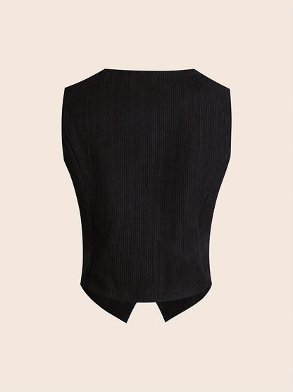 Solid Button Front Vest Suit Jacket Corduroy