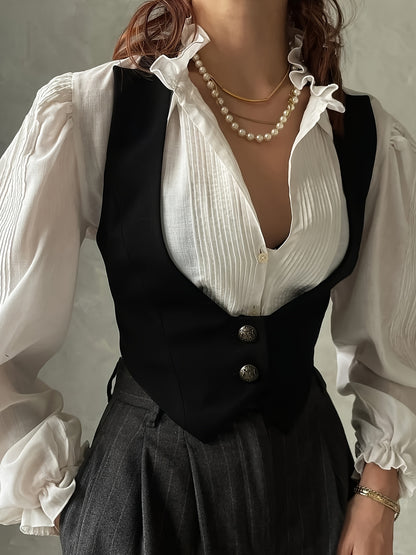 Elegant Women'S Black V-Neck Vest with Pearl Detail - Casual Polyester Sleeveless Jacket, All-Season Wear