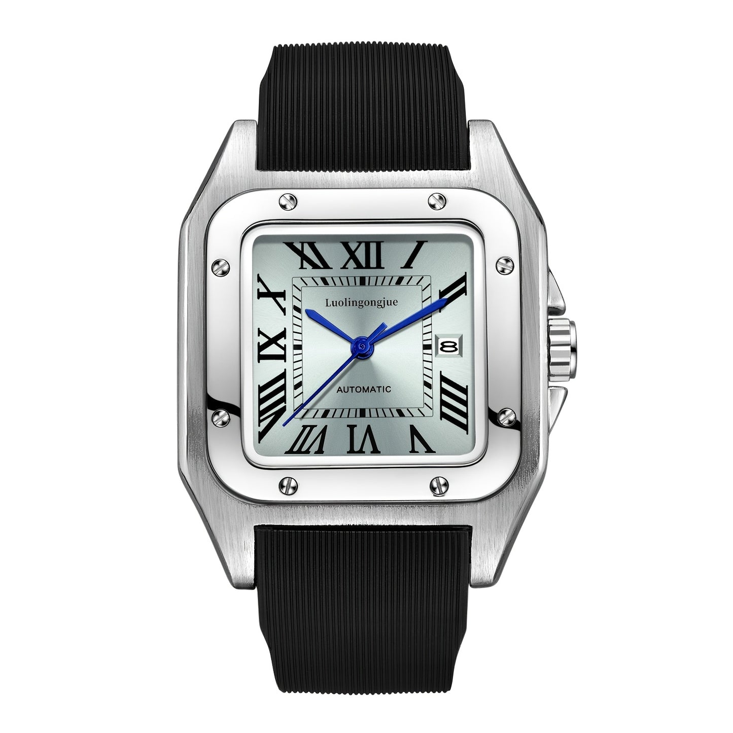 1pc Classic Business Style Men'S Mechanical Watch, Roman Numeral Dial, Square Zinc Alloy Case, Self-Winding Movement, Rubber Strap, Date Feature with Blue Pointer, No Battery - Elegant Gift for Men