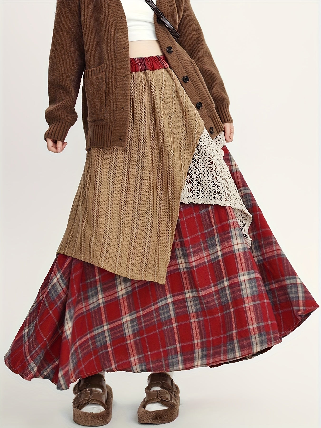 Women'S Asymmetrical A-Line Long Skirt, Fall/Winter Collection, Color Block Tribal Plaid Pattern, Elastic Waist, Regular Fit, Rayon/Viscose Blend (50% Rayon, 50% Polyester), Woven, with Belt Option