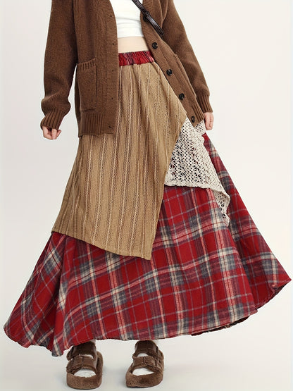 Women'S Asymmetrical A-Line Long Skirt, Fall/Winter Collection, Color Block Tribal Plaid Pattern, Elastic Waist, Regular Fit, Rayon/Viscose Blend (50% Rayon, 50% Polyester), Woven, with Belt Option