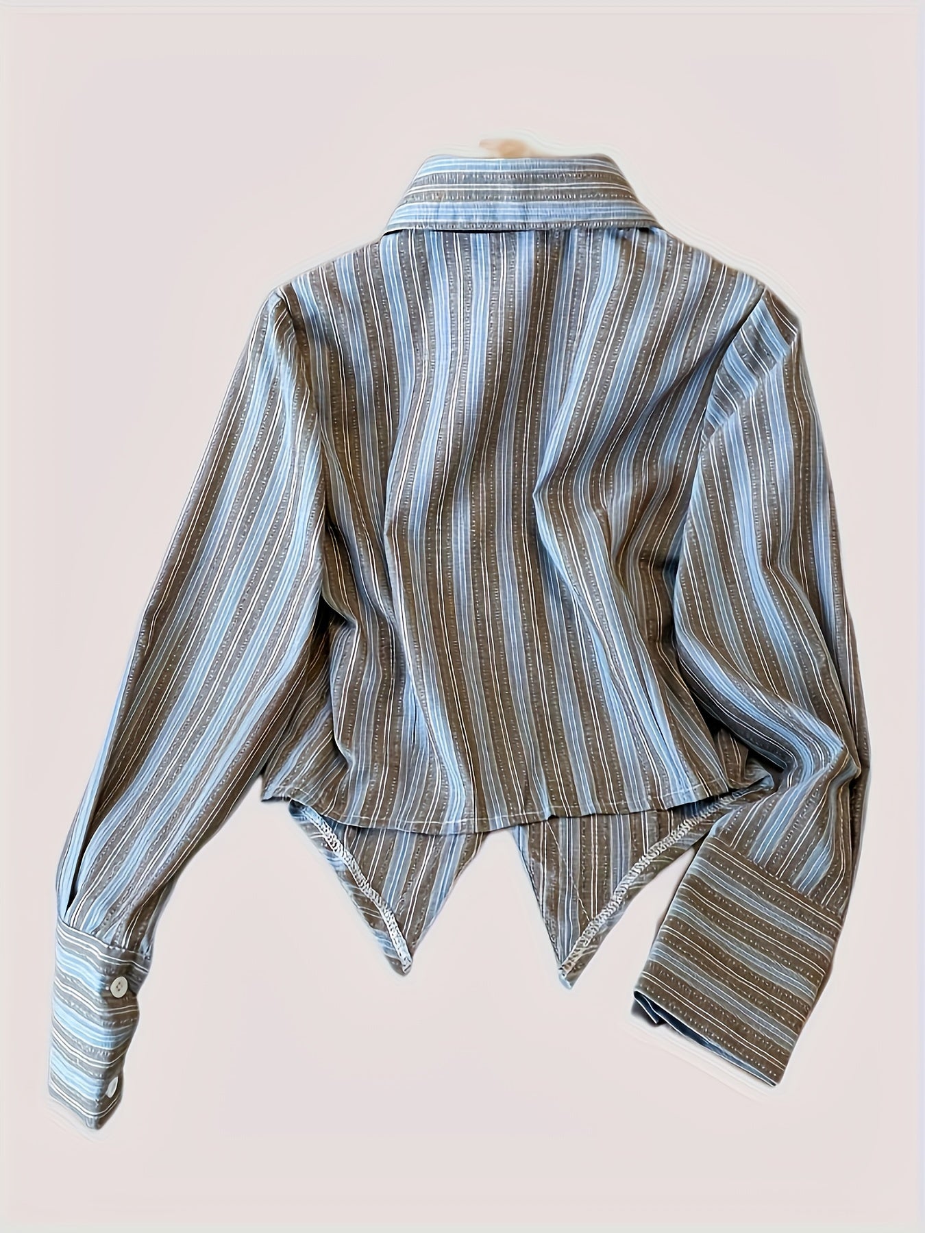 Women's Retro Collar Striped Shirt with Tie-Waist - Blue Grey White Horizontal Stripes Long Sleeve Blouse, Button Front Fall 2024 Collection, Ladies Blouses