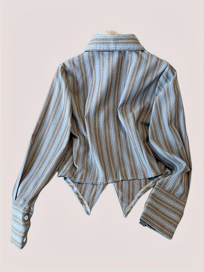 Women's Retro Collar Striped Shirt with Tie-Waist - Blue Grey White Horizontal Stripes Long Sleeve Blouse, Button Front Fall 2024 Collection, Ladies Blouses