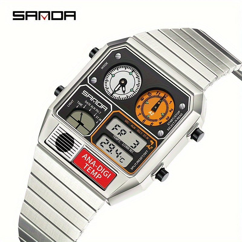 SANDA Men's Digital Performance Watch - Square Stainless Steel Band, Dual Display, Stopwatch, Alarm, 50m Water-Resistant, Multi-Functional with Temperature Measurement and Timing Features