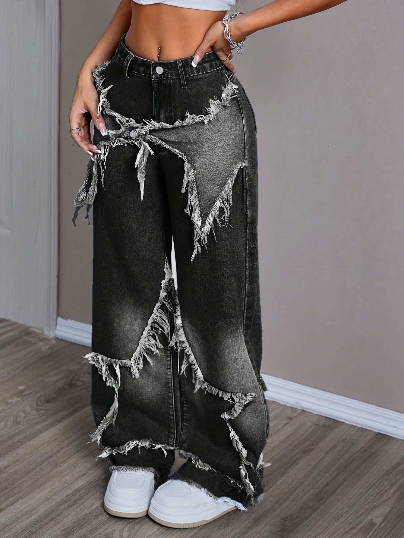 New Stylish Women'S Denim Pants with Unique Patches And Fringe, Featuring a Straight And Wide-Leg Design.