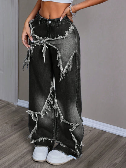 New Stylish Women'S Denim Pants with Unique Patches And Fringe, Featuring a Straight And Wide-Leg Design.