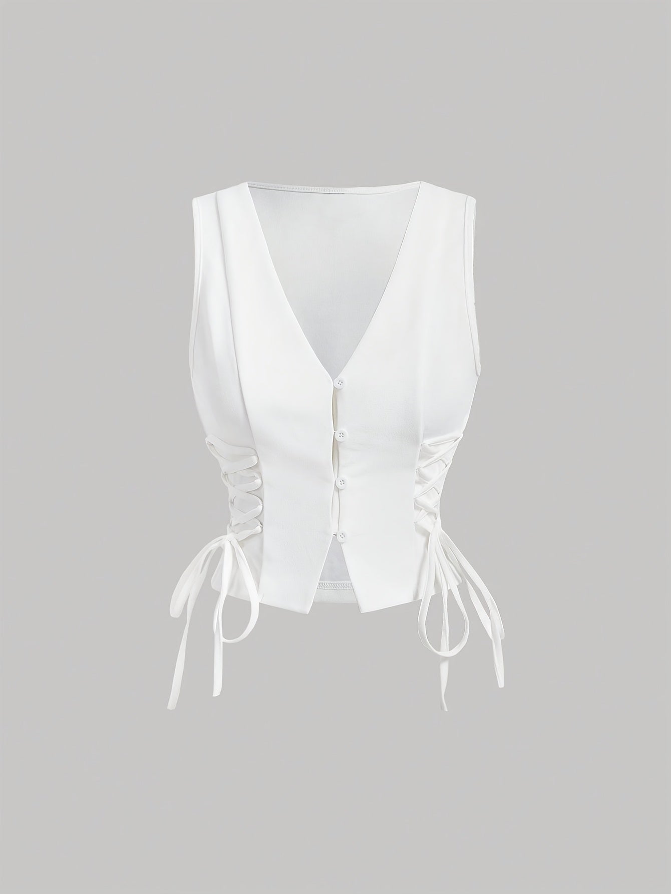 Elegant Direction Women's Sleeveless Vest - V-Neck Padded Shoulders with Adjustable Lacing Detail, Machine Washable Solid Color for Spring Summer Fall, Versatile Layering Piece for Casual & Formal Outfits, Seasonal Fashion, M