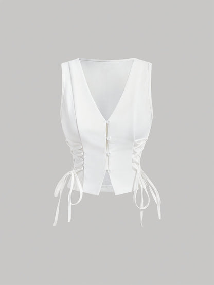 Elegant Direction Women's Sleeveless Vest - V-Neck Padded Shoulders with Adjustable Lacing Detail, Machine Washable Solid Color for Spring Summer Fall, Versatile Layering Piece for Casual & Formal Outfits, Seasonal Fashion, M