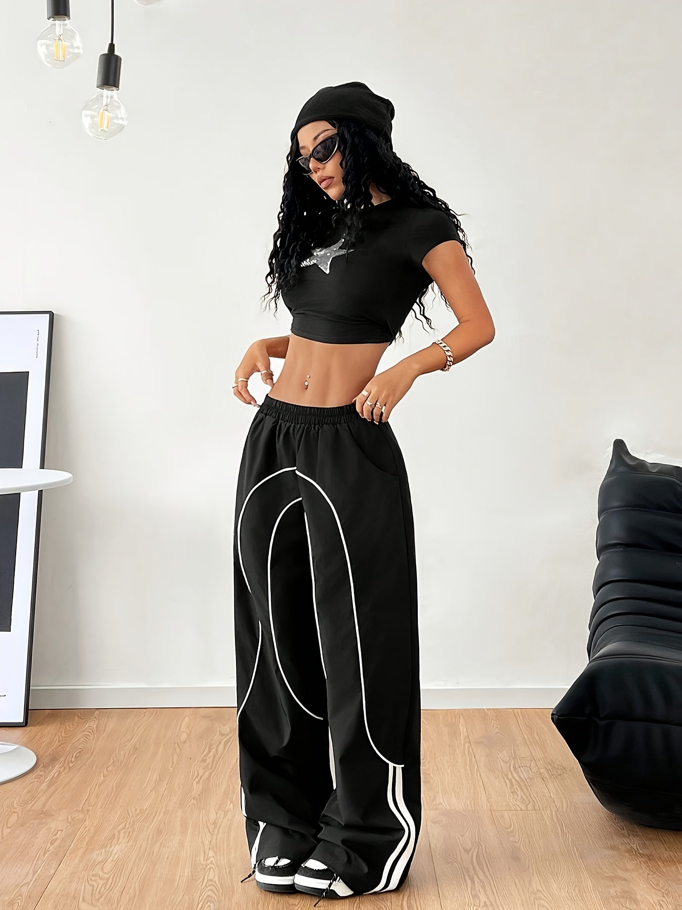 Women'S Casual Wide Leg Pants, 100% Polyester Solid Color, All-Season Comfort, Woven Fabric, 100g/m², Versatile Fashion Trousers for Adults
