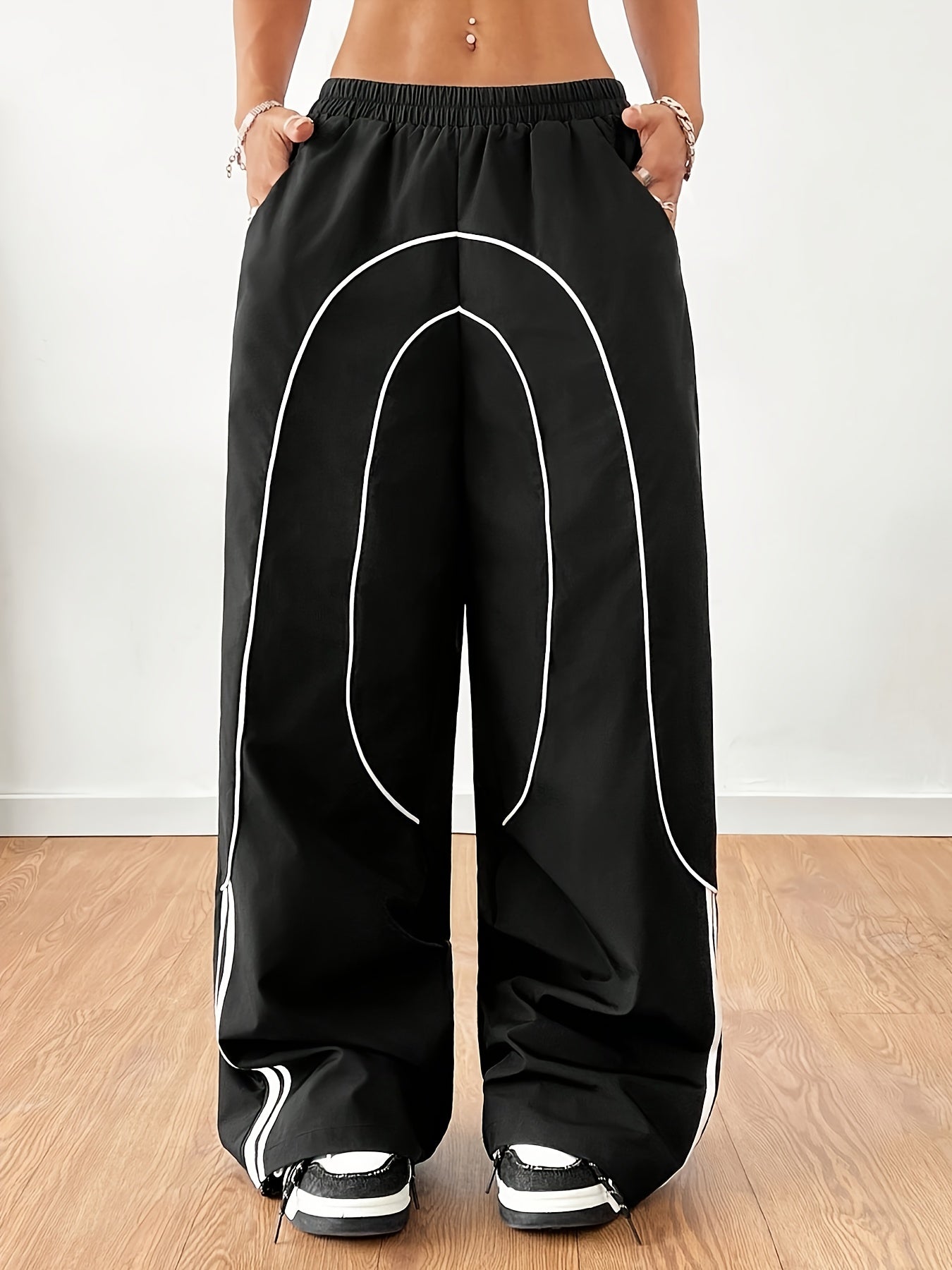 Women'S Casual Wide Leg Pants, 100% Polyester Solid Color, All-Season Comfort, Woven Fabric, 100g/m², Versatile Fashion Trousers for Adults