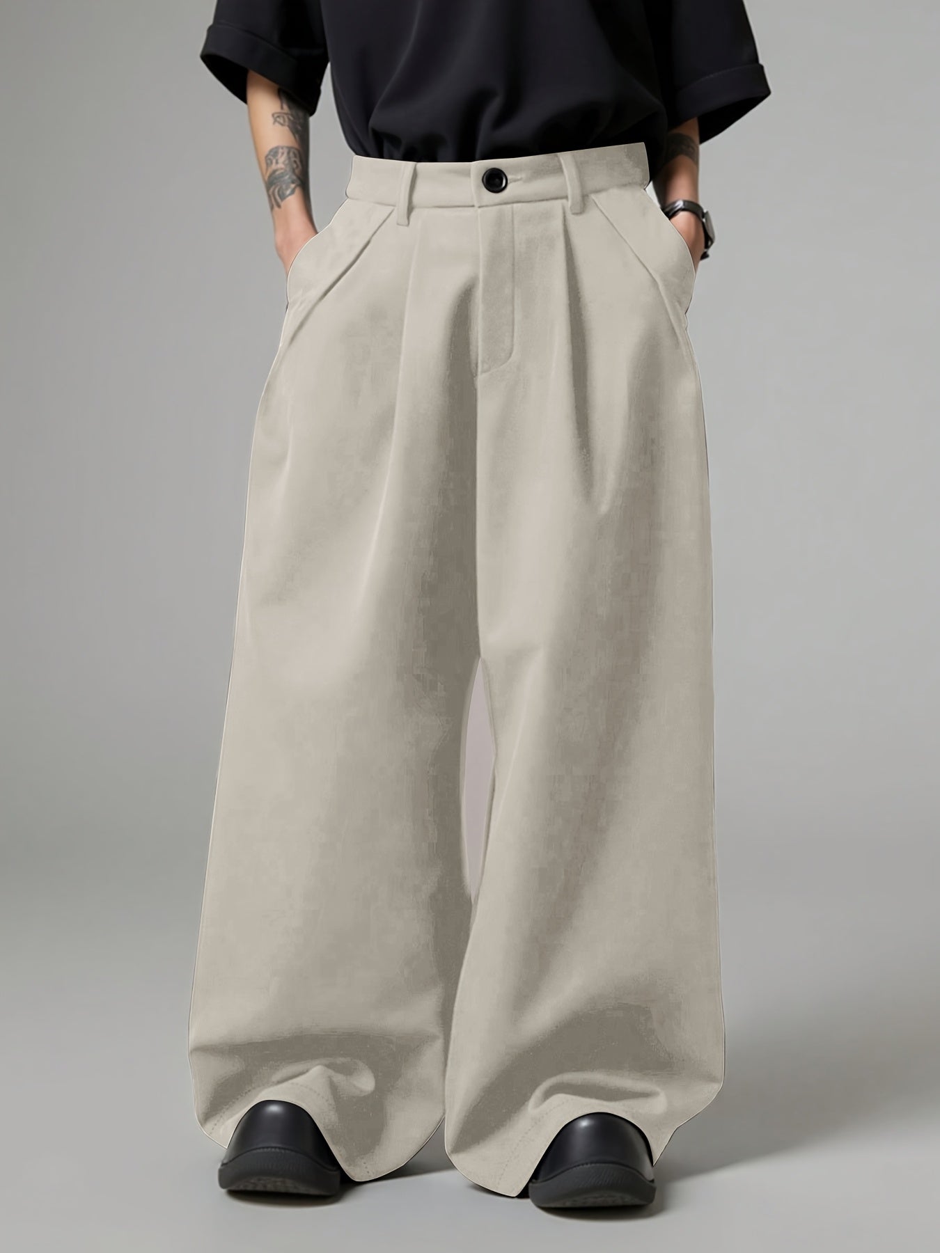 Men'S Loose Fit Solid Color Wide Leg Pants with Pockets - Casual, Soft, and Comfortable for Spring, Street Style, Casual Wear Pants|Wide Leg Trousers|Nonstretch Fabric