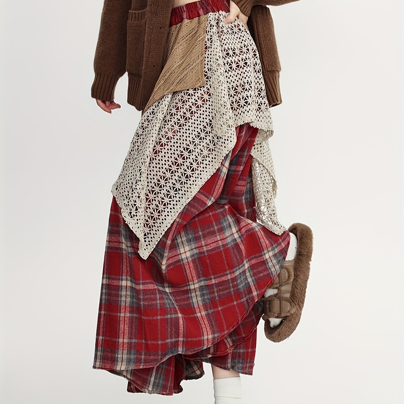 Women'S Asymmetrical A-Line Long Skirt, Fall/Winter Collection, Color Block Tribal Plaid Pattern, Elastic Waist, Regular Fit, Rayon/Viscose Blend (50% Rayon, 50% Polyester), Woven, with Belt Option
