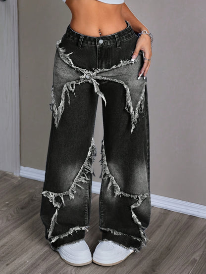 New Stylish Women'S Denim Pants with Unique Patches And Fringe, Featuring a Straight And Wide-Leg Design.