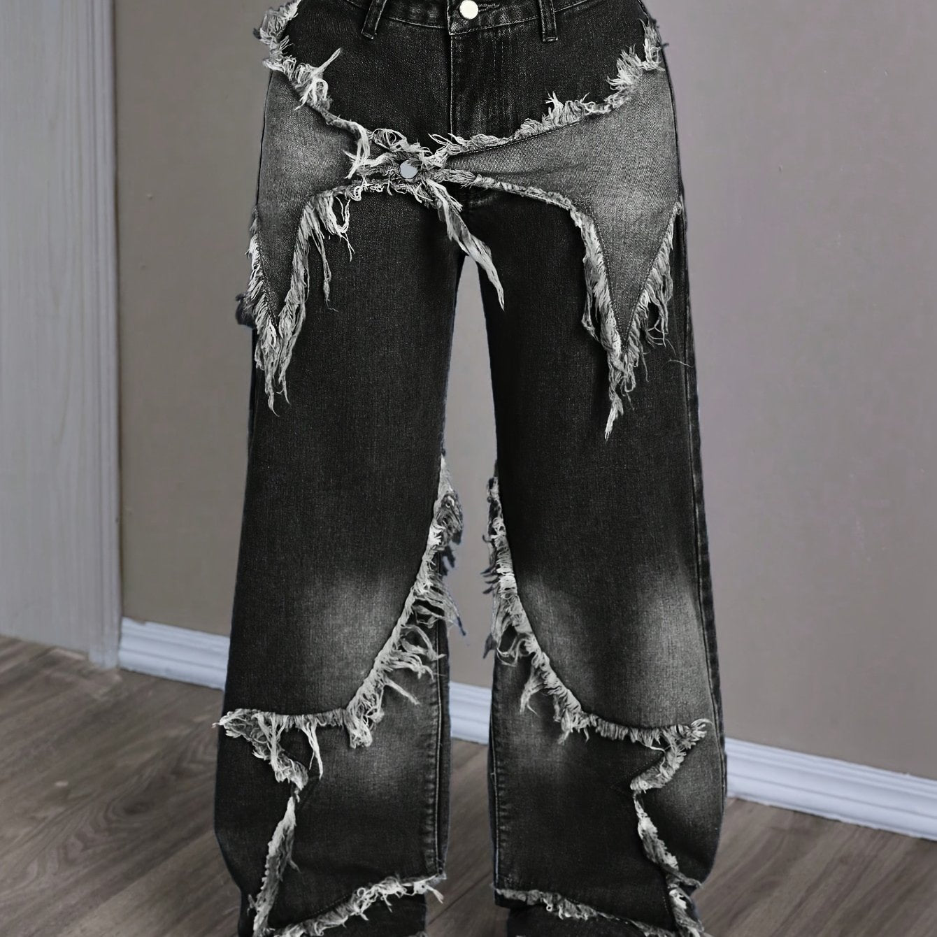 New Stylish Women'S Denim Pants with Unique Patches And Fringe, Featuring a Straight And Wide-Leg Design.