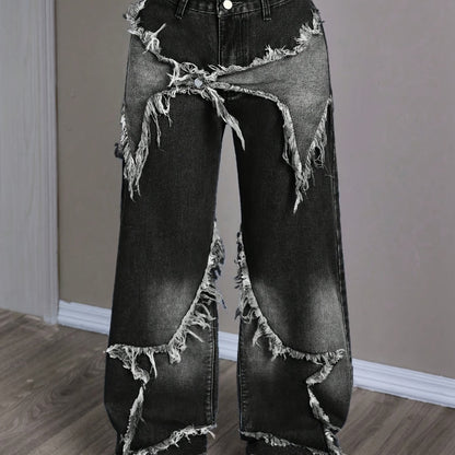 New Stylish Women'S Denim Pants with Unique Patches And Fringe, Featuring a Straight And Wide-Leg Design.