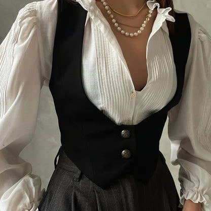Elegant Women'S Black V-Neck Vest with Pearl Detail - Casual Polyester Sleeveless Jacket, All-Season Wear