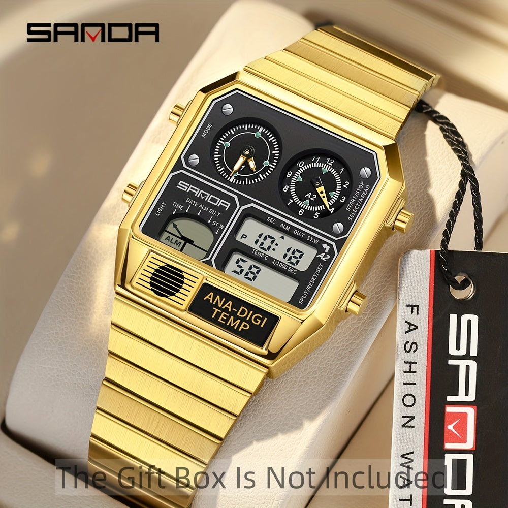 SANDA Men's Digital Performance Watch - Square Stainless Steel Band, Dual Display, Stopwatch, Alarm, 50m Water-Resistant, Multi-Functional with Temperature Measurement and Timing Features