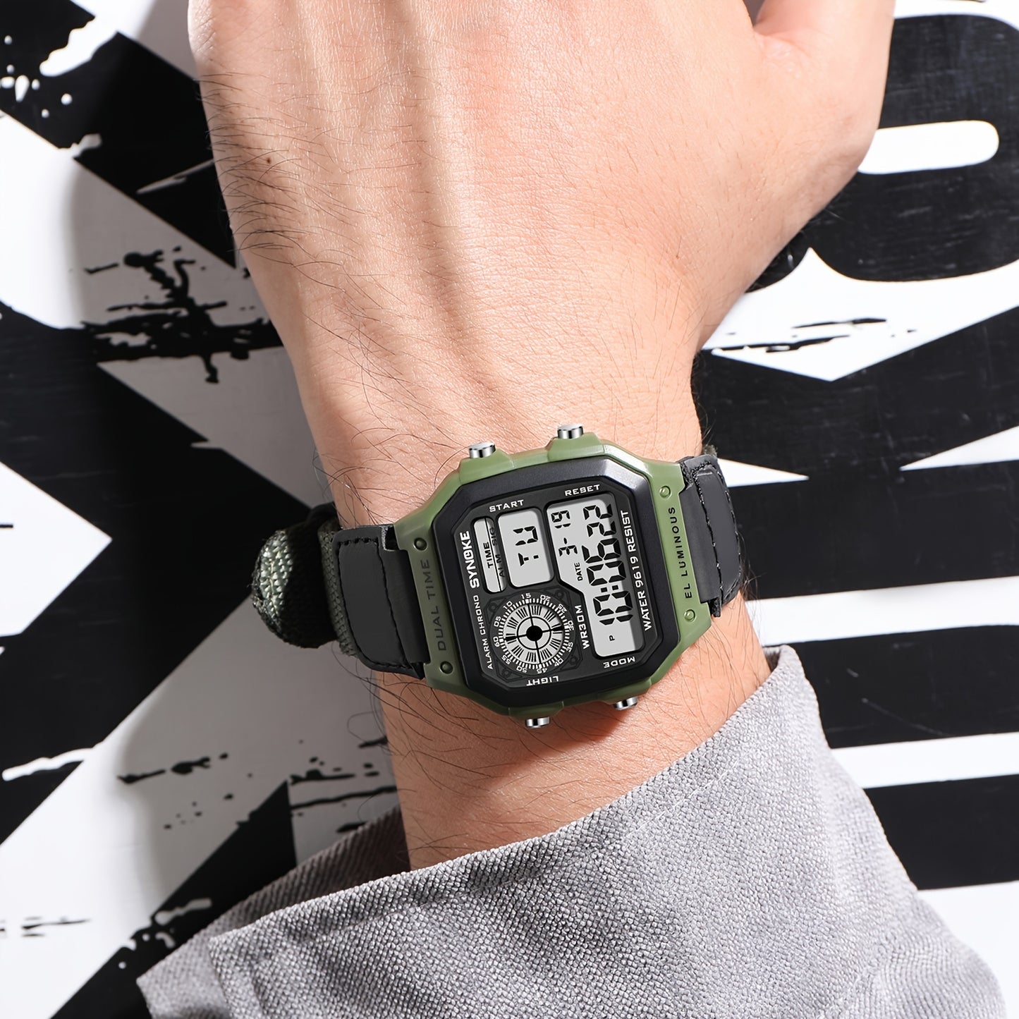 SYNOKE Men's Digital Sports Watch - Shockproof, Luminous Display with Stopwatch & Alarm, Nylon Strap