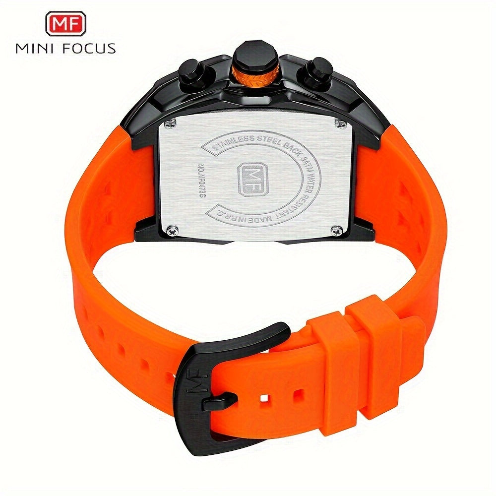 MINI FOCUS Women's Military Sport Watch - Barrel-Shaped Case, Orange Silicone Strap, Chronograph, Luminous Hands & Date Display, 3ATM High Quality Quartz Wristwatch