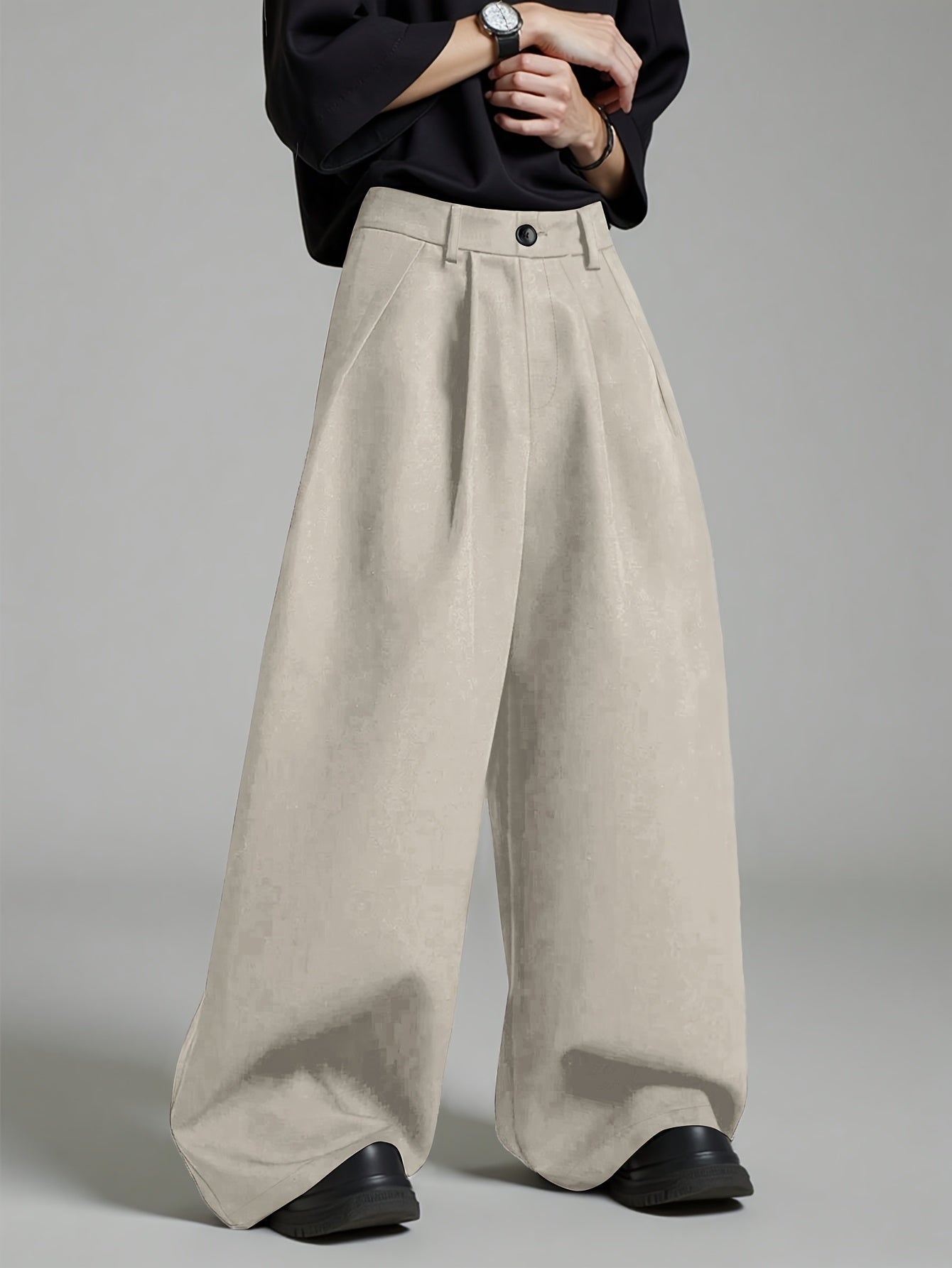 Men'S Loose Fit Solid Color Wide Leg Pants with Pockets - Casual, Soft, and Comfortable for Spring, Street Style, Casual Wear Pants|Wide Leg Trousers|Nonstretch Fabric