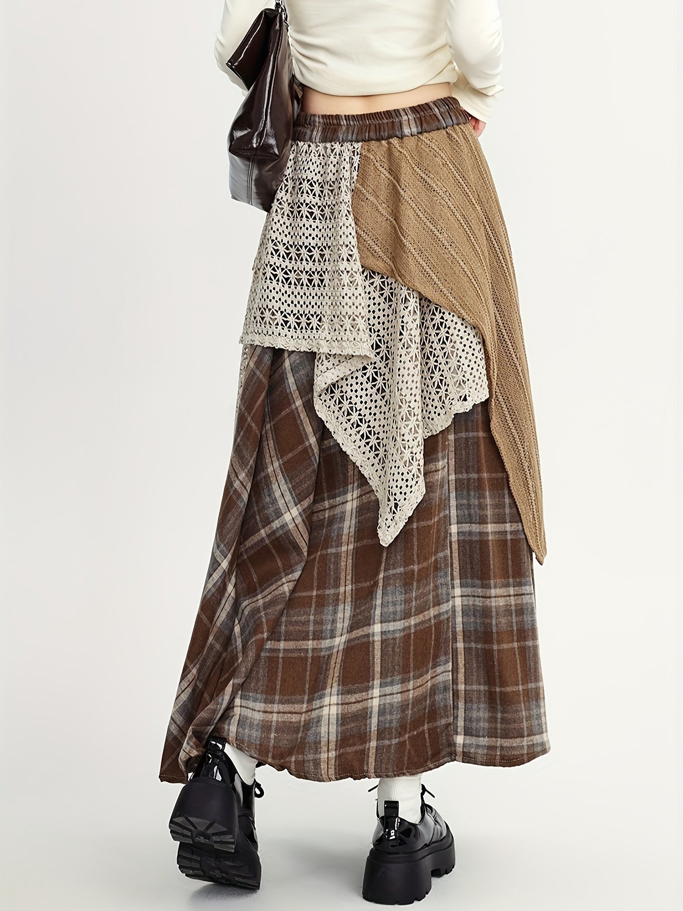 Women'S Asymmetrical A-Line Long Skirt, Fall/Winter Collection, Color Block Tribal Plaid Pattern, Elastic Waist, Regular Fit, Rayon/Viscose Blend (50% Rayon, 50% Polyester), Woven, with Belt Option