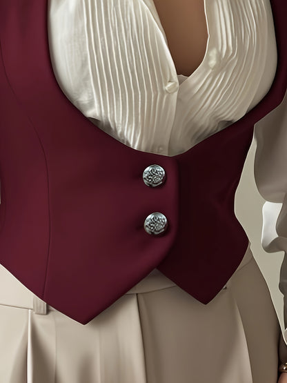 Elegant Women'S Black V-Neck Vest with Pearl Detail - Casual Polyester Sleeveless Jacket, All-Season Wear