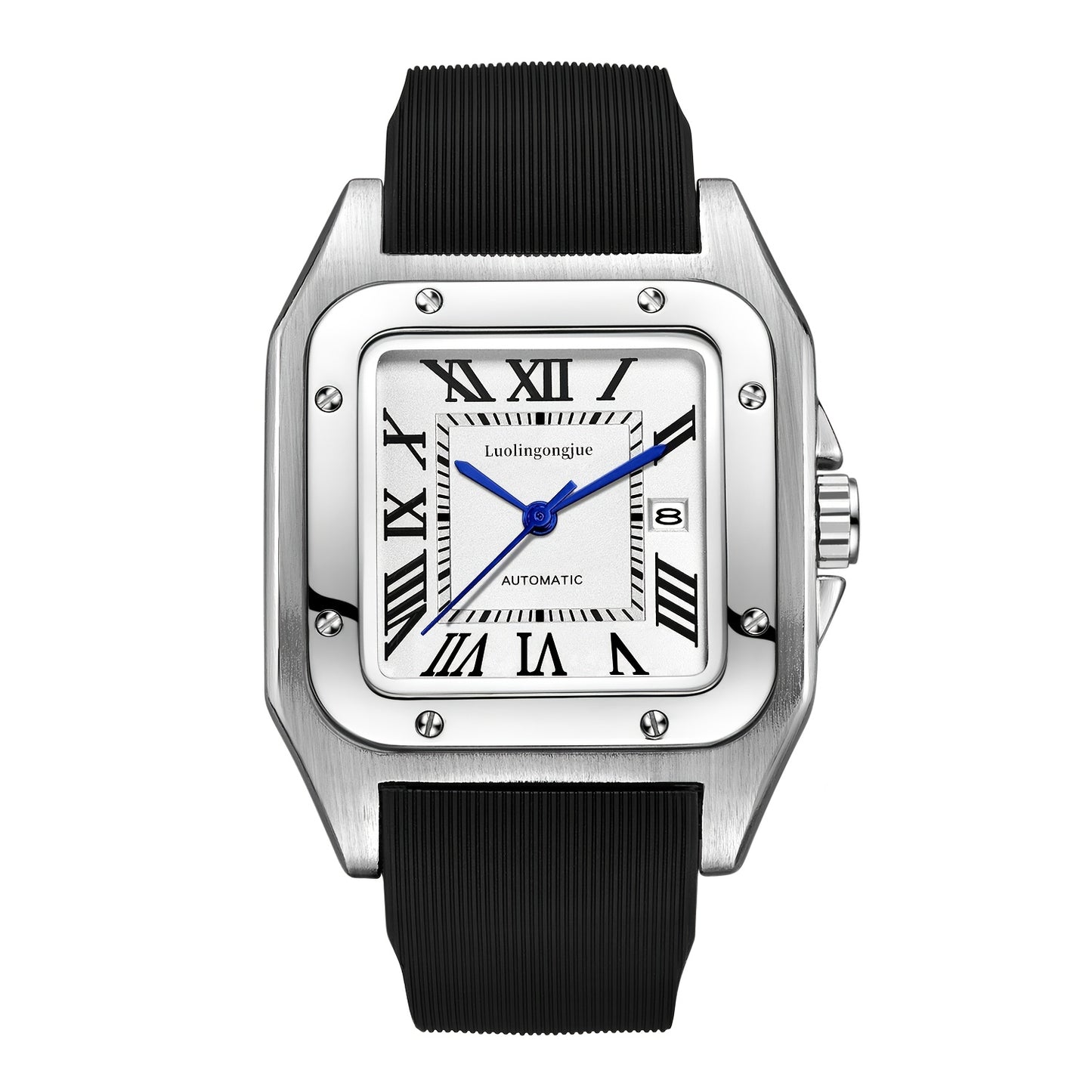 1pc Classic Business Style Men'S Mechanical Watch, Roman Numeral Dial, Square Zinc Alloy Case, Self-Winding Movement, Rubber Strap, Date Feature with Blue Pointer, No Battery - Elegant Gift for Men