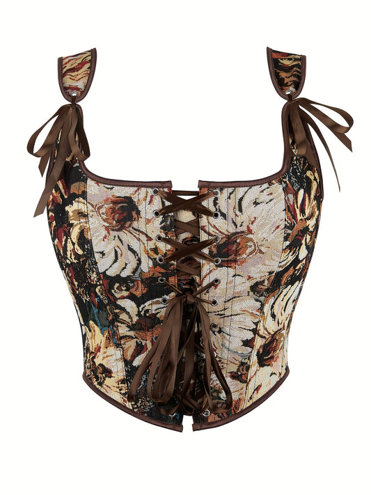 Women's Vintage-Inspired Floral Print Corset Top - Adjustable Double Straps & Cross-Band Detailing, Breathable Comfort Fit for Casual & Formal Wear, Elegant Special Collection, Formal Attire, Regal Aesthetic, Gathered Waist