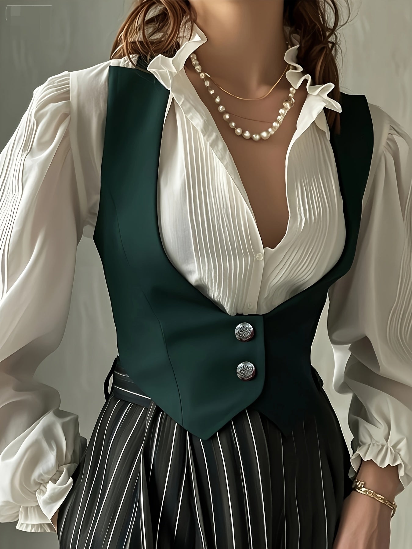 Elegant Women'S Black V-Neck Vest with Pearl Detail - Casual Polyester Sleeveless Jacket, All-Season Wear