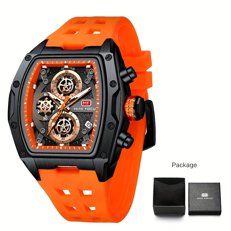 MINI FOCUS Women's Military Sport Watch - Barrel-Shaped Case, Orange Silicone Strap, Chronograph, Luminous Hands & Date Display, 3ATM High Quality Quartz Wristwatch