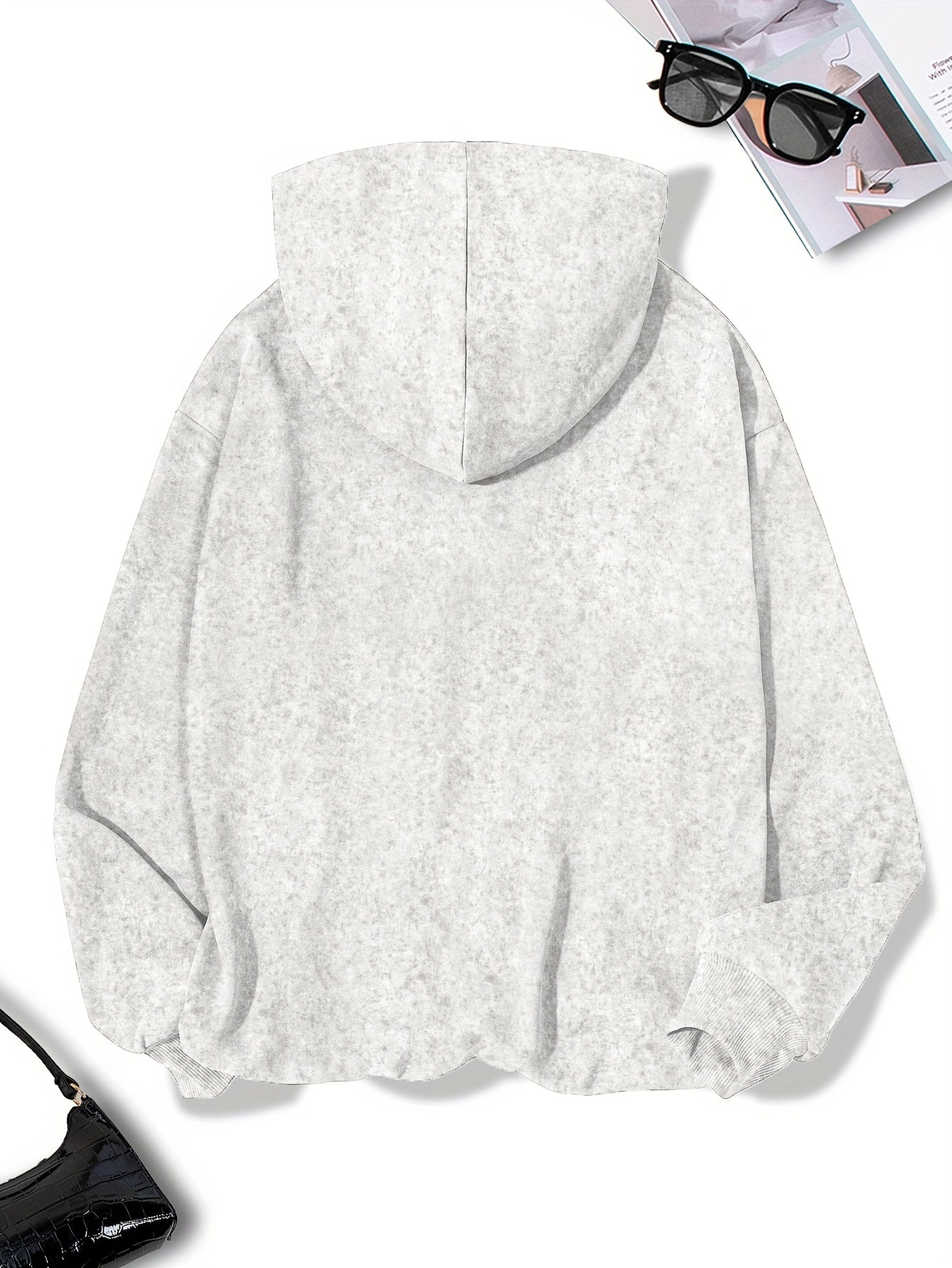 Women's Casual Polyester Hoodie with Geometric Applique - 100% Polyester Knit Fabric, Vintage Washed Fall/Winter Hooded Sweatshirt with Fashion Print