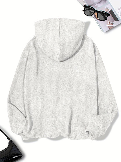 Women's Casual Polyester Hoodie with Geometric Applique - 100% Polyester Knit Fabric, Vintage Washed Fall/Winter Hooded Sweatshirt with Fashion Print