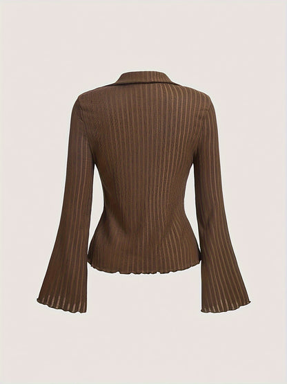 Y2K Women's Brown Bell Sleeve Blouse with Wave Trim - Button-Front Cardigan Style Shirt, Machine Washable Solid Color Top for All-Season Wear, Elegant Long Sleeve Button Blouses, Versatile Fashion, Floral Collar Design, Quali