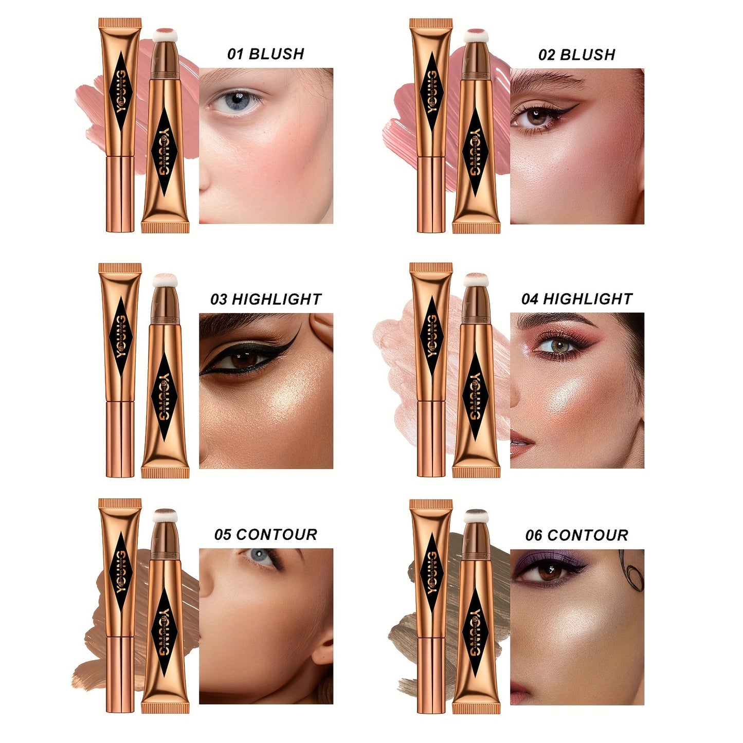 Multicolor Air Cushion Contour Blush Highlight Combo - Liquid Formula for Natural Glow, Buildable Coverage, and Long-Lasting Wear - Optional Shades for Customizable Look