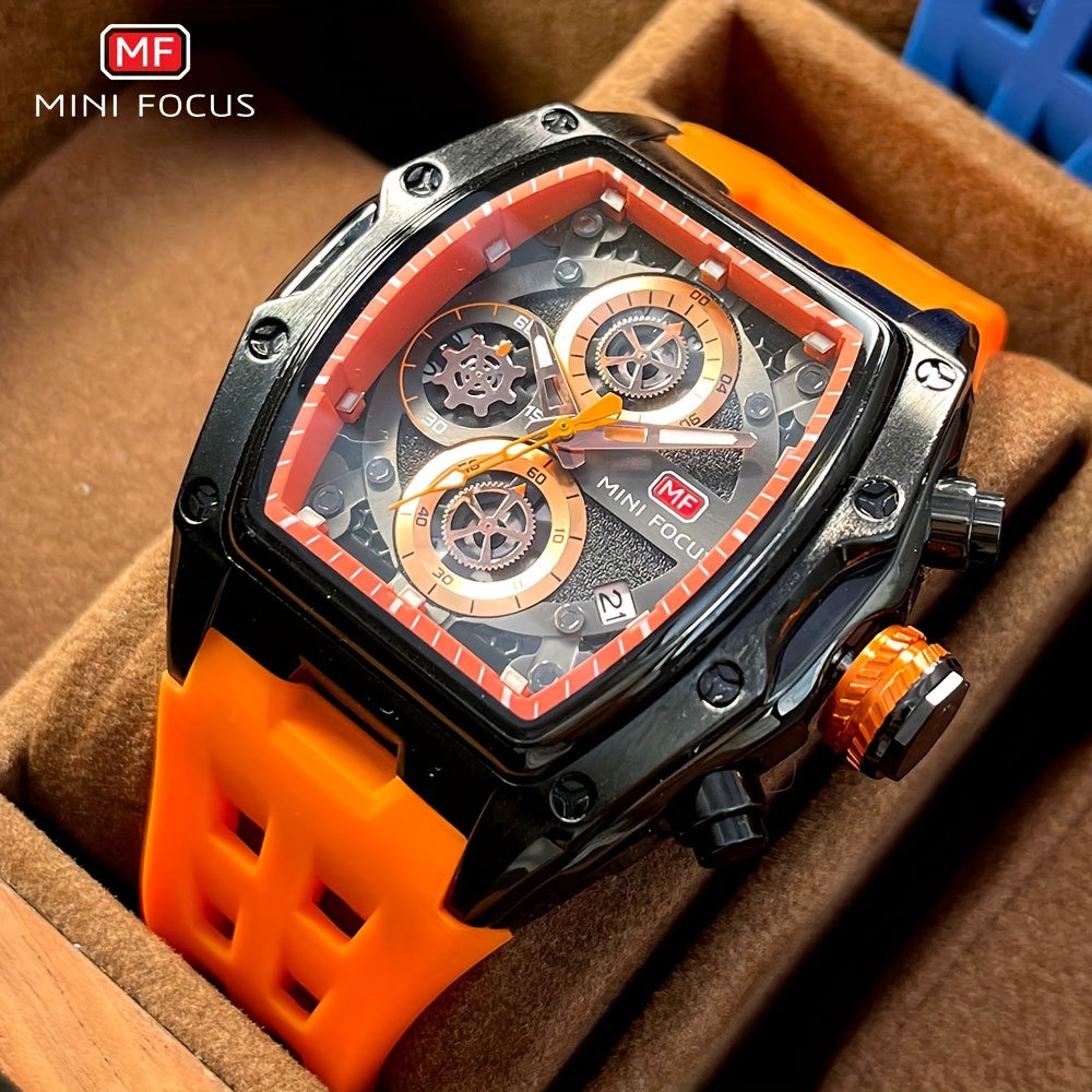 MINI FOCUS Women's Military Sport Watch - Barrel-Shaped Case, Orange Silicone Strap, Chronograph, Luminous Hands & Date Display, 3ATM High Quality Quartz Wristwatch