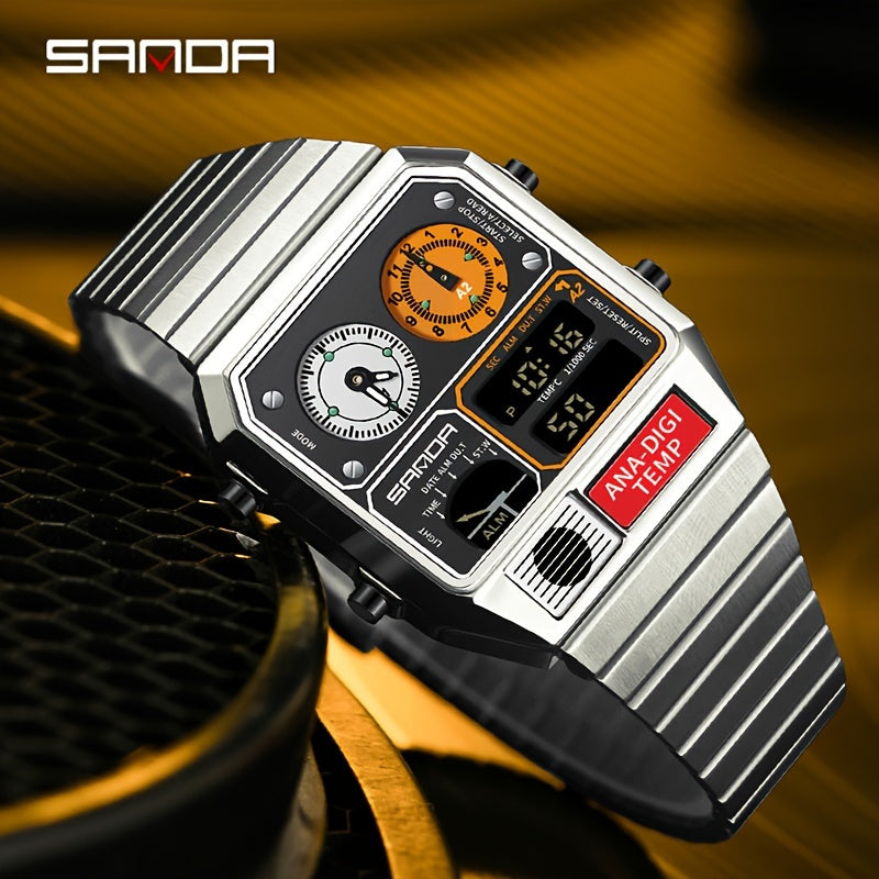 SANDA Men's Digital Performance Watch - Square Stainless Steel Band, Dual Display, Stopwatch, Alarm, 50m Water-Resistant, Multi-Functional with Temperature Measurement and Timing Features