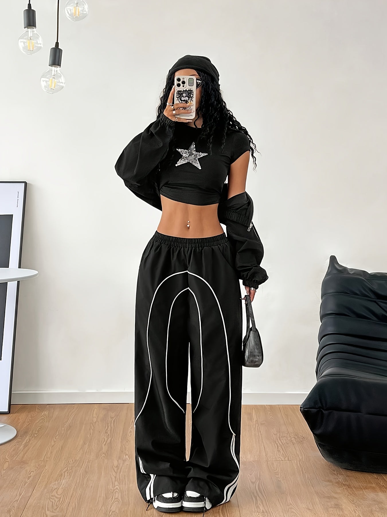 Women'S Casual Wide Leg Pants, 100% Polyester Solid Color, All-Season Comfort, Woven Fabric, 100g/m², Versatile Fashion Trousers for Adults