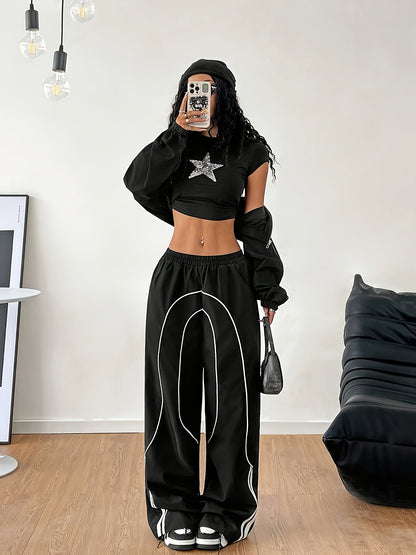 Women'S Casual Wide Leg Pants, 100% Polyester Solid Color, All-Season Comfort, Woven Fabric, 100g/m², Versatile Fashion Trousers for Adults