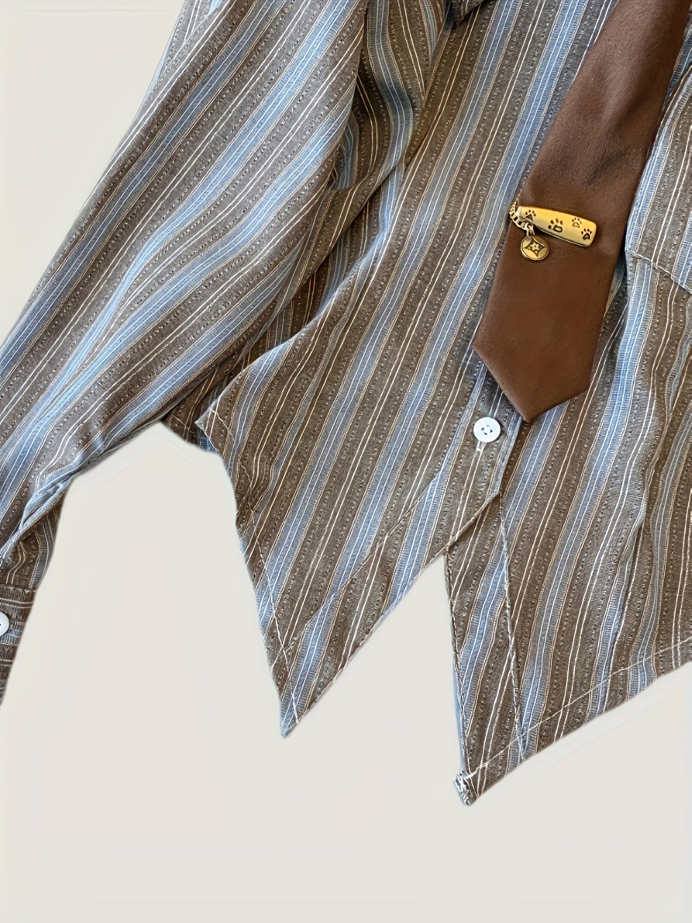 Women's Retro Collar Striped Shirt with Tie-Waist - Blue Grey White Horizontal Stripes Long Sleeve Blouse, Button Front Fall 2024 Collection, Ladies Blouses