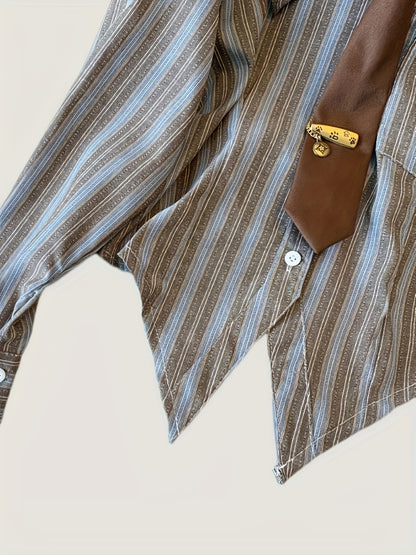 Women's Retro Collar Striped Shirt with Tie-Waist - Blue Grey White Horizontal Stripes Long Sleeve Blouse, Button Front Fall 2024 Collection, Ladies Blouses