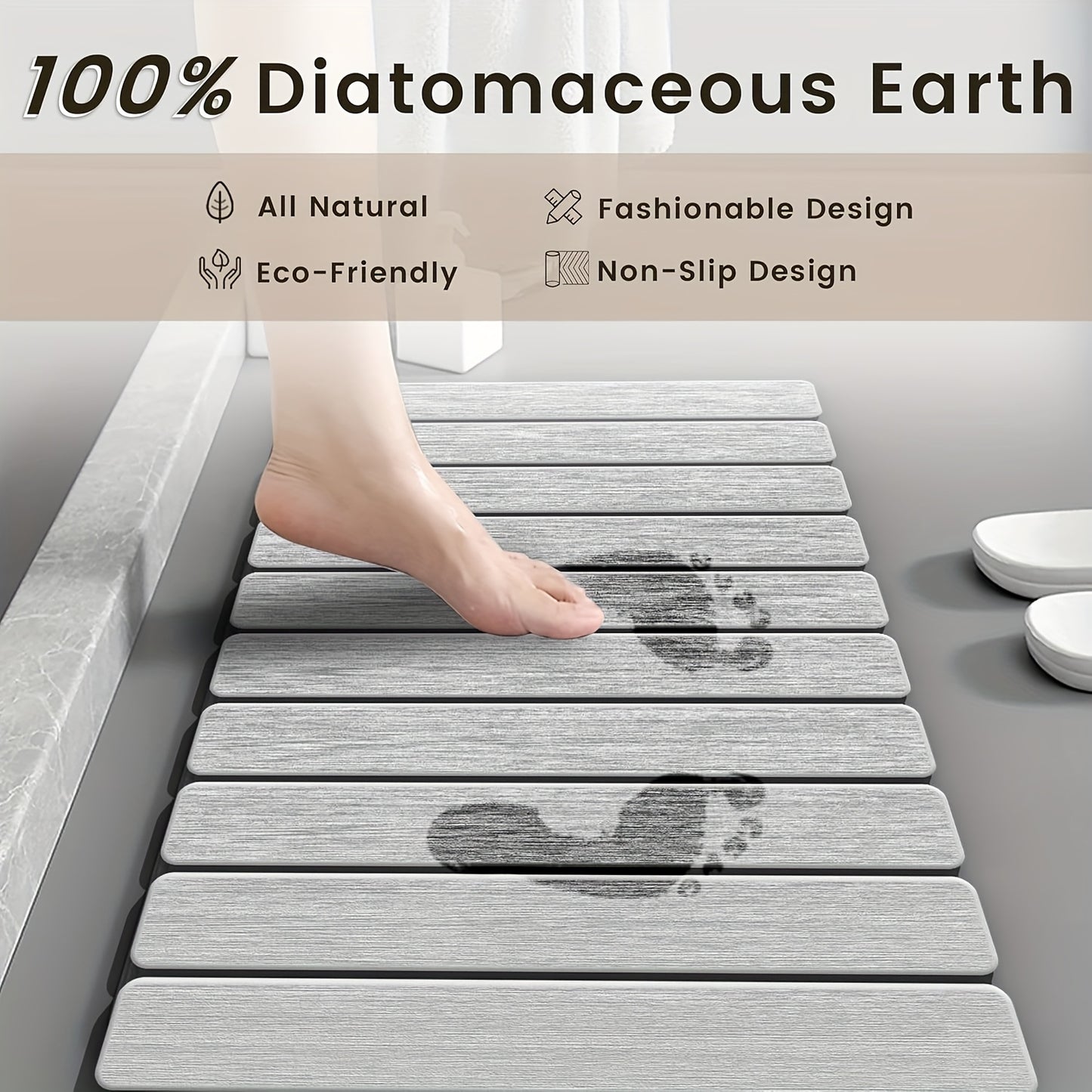 Foldable Stone Bath Mat - Super Absorbent Diatomaceous Earth, Non-Slip Quick-Drying, Easy to Clean, Compact & Space-Saving for Bathroom, Striped Design, Gray, Quickdrying Mat | Sleek Bath Accessory | PVC Backed Mat, Bathroom
