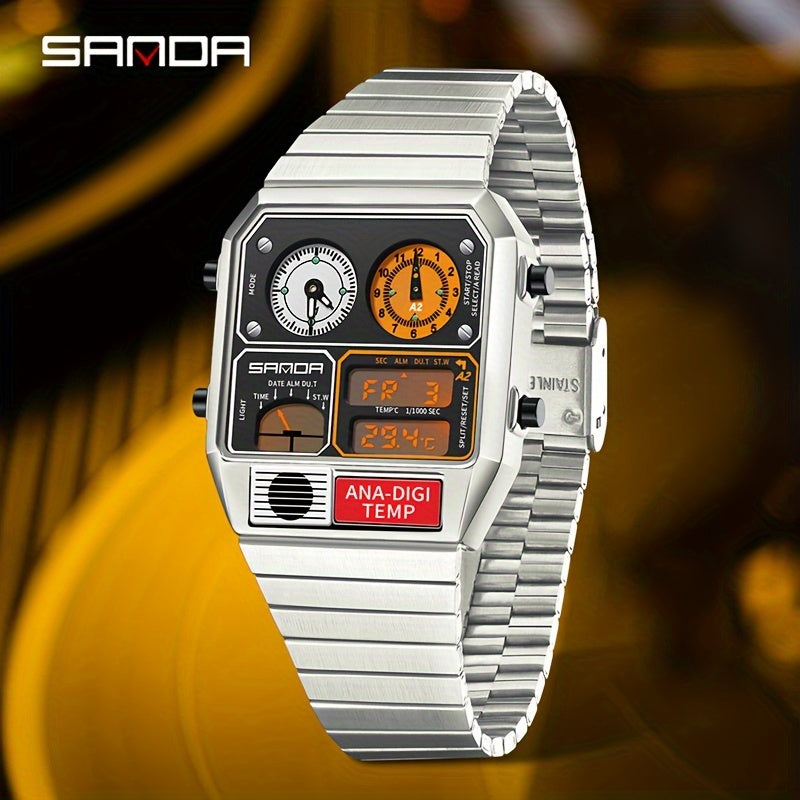 SANDA Men's Digital Performance Watch - Square Stainless Steel Band, Dual Display, Stopwatch, Alarm, 50m Water-Resistant, Multi-Functional with Temperature Measurement and Timing Features