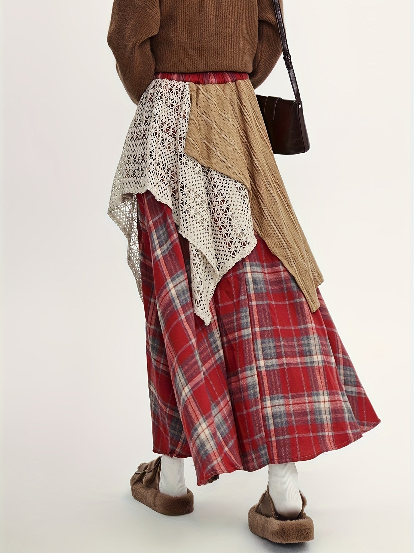 Women'S Asymmetrical A-Line Long Skirt, Fall/Winter Collection, Color Block Tribal Plaid Pattern, Elastic Waist, Regular Fit, Rayon/Viscose Blend (50% Rayon, 50% Polyester), Woven, with Belt Option