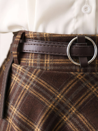Elegant Brown & White Plaid Women's Skirt - High-Waisted A-Line Midi Skirt with Adjustable Belt, Machine Washable, Perfect for Spring/Fall Casual or Dressy Outfits
