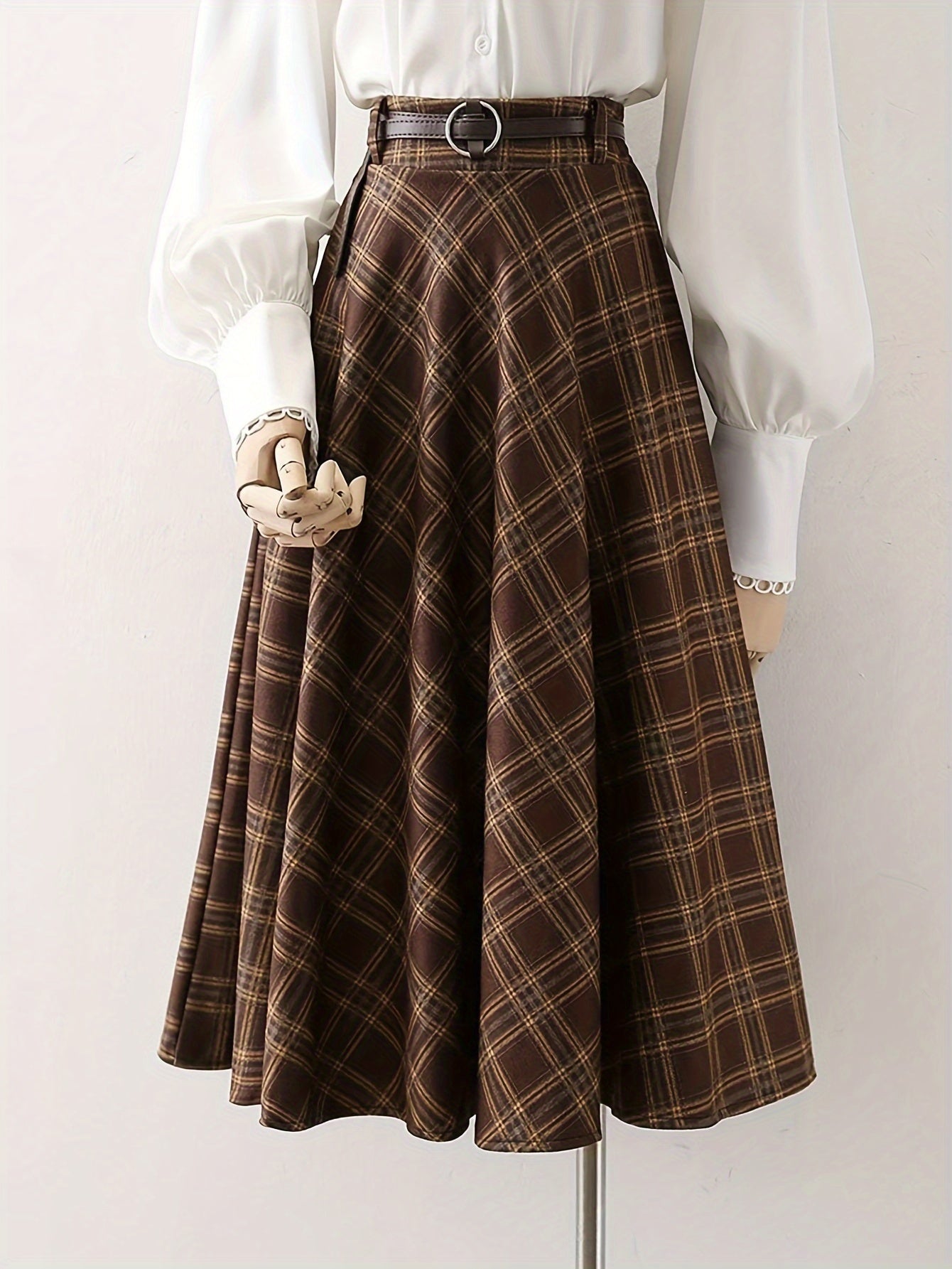 Elegant Brown & White Plaid Women's Skirt - High-Waisted A-Line Midi Skirt with Adjustable Belt, Machine Washable, Perfect for Spring/Fall Casual or Dressy Outfits