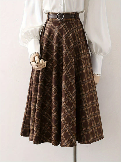 Elegant Brown & White Plaid Women's Skirt - High-Waisted A-Line Midi Skirt with Adjustable Belt, Machine Washable, Perfect for Spring/Fall Casual or Dressy Outfits