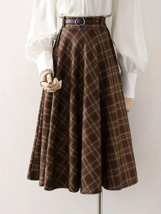 Elegant Brown & White Plaid Women's Skirt - High-Waisted A-Line Midi Skirt with Adjustable Belt, Machine Washable, Perfect for Spring/Fall Casual or Dressy Outfits